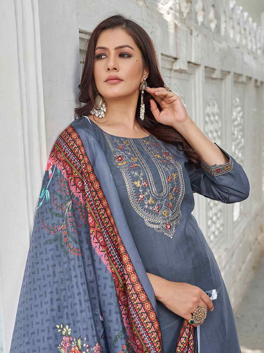 Grey Magic Cotton Embroidered Festival Casual Pant Ready Salwar Kameez