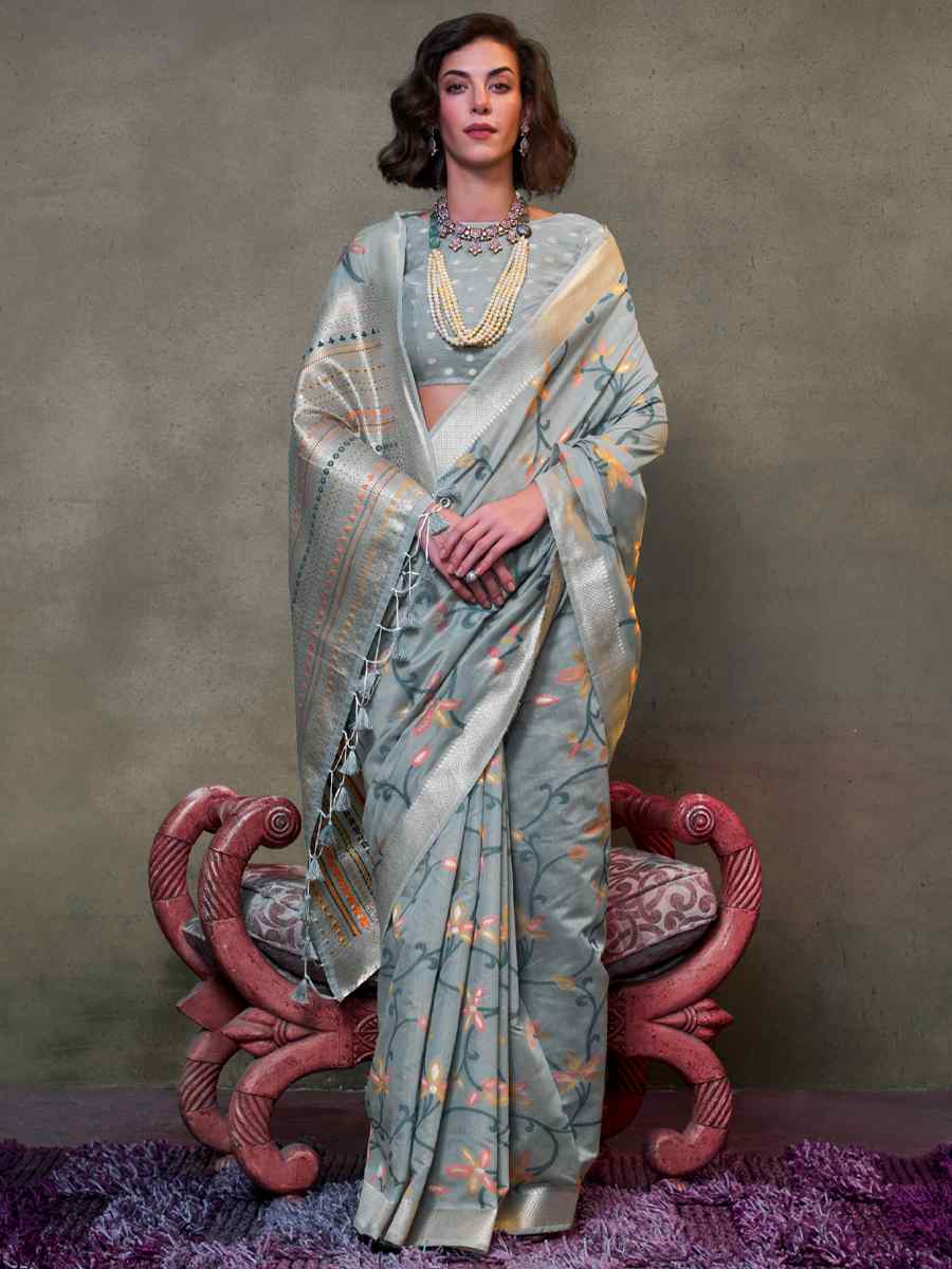 Grey Malmal Cotton Handwoven Wedding Festival Heavy Border Saree