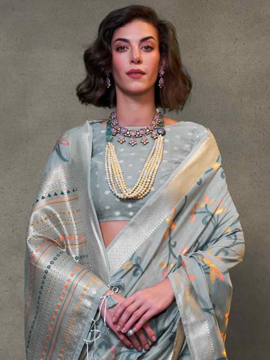 Grey Malmal Cotton Handwoven Wedding Festival Heavy Border Saree