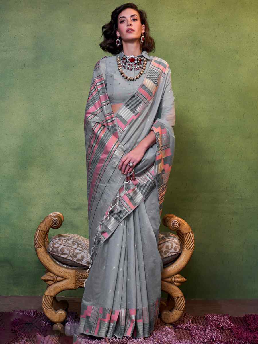 Grey Malmal Cotton Handwoven Wedding Festival Heavy Border Saree