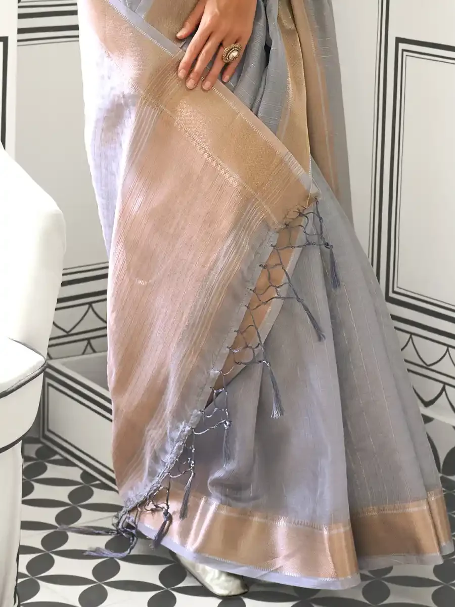 Grey Moss Chiffon Handloom Handwoven Festival Casual Heavy Border Saree