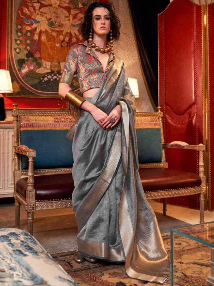 Grey Moss Chiffon Handwoven Festival Wedding Heavy Border Saree