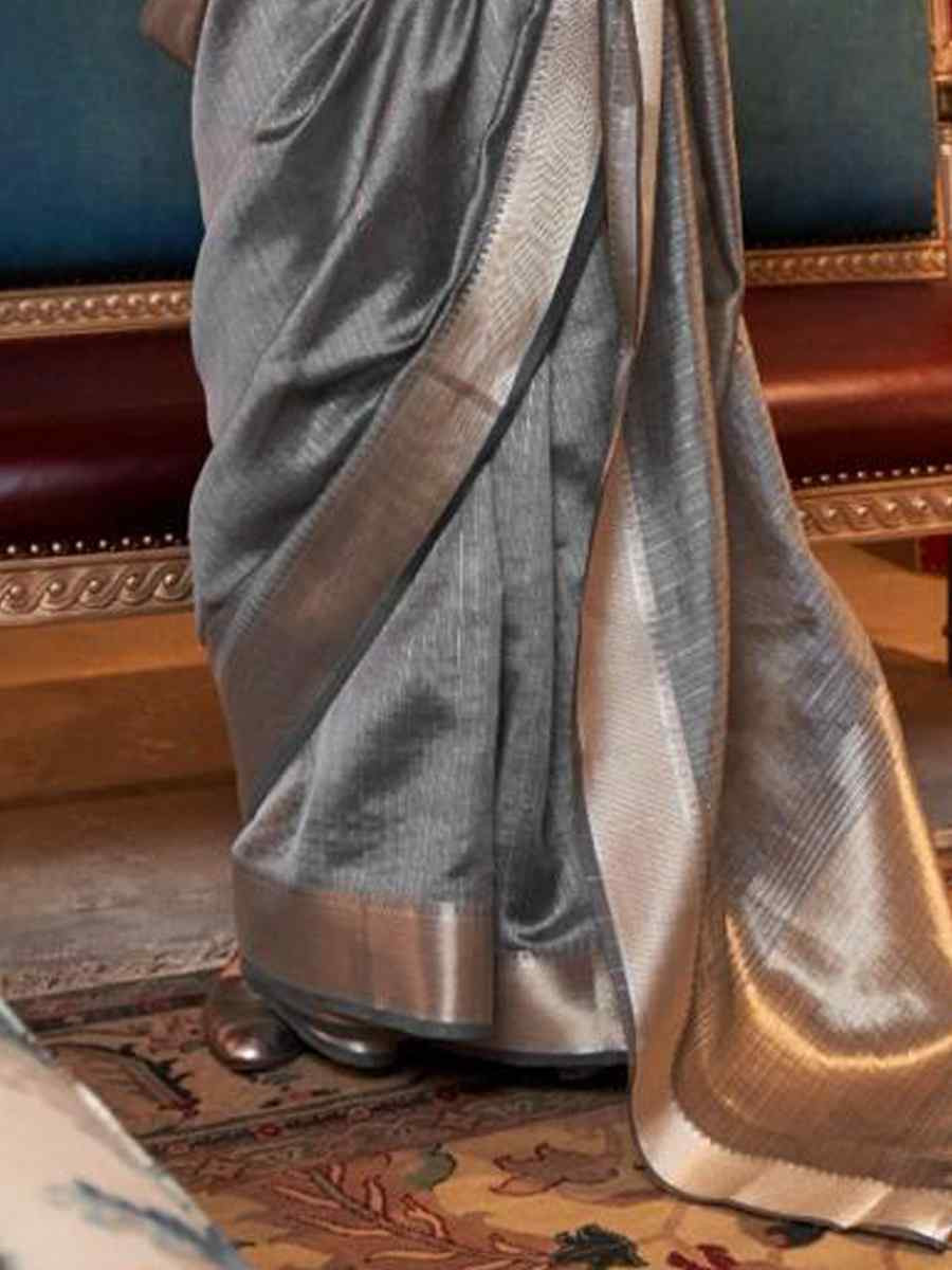 Grey Moss Chiffon Handwoven Festival Wedding Heavy Border Saree