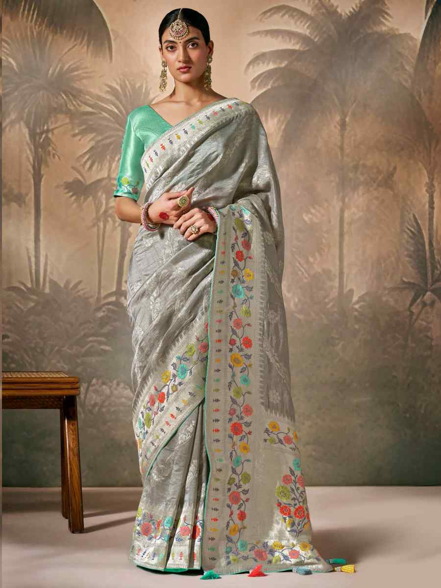 Grey Munga Silk Embroidered Reception Wedding Heavy Border Saree