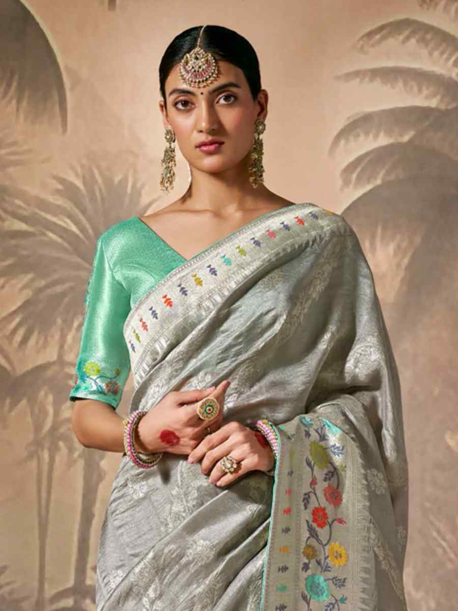 Grey Munga Silk Embroidered Reception Wedding Heavy Border Saree