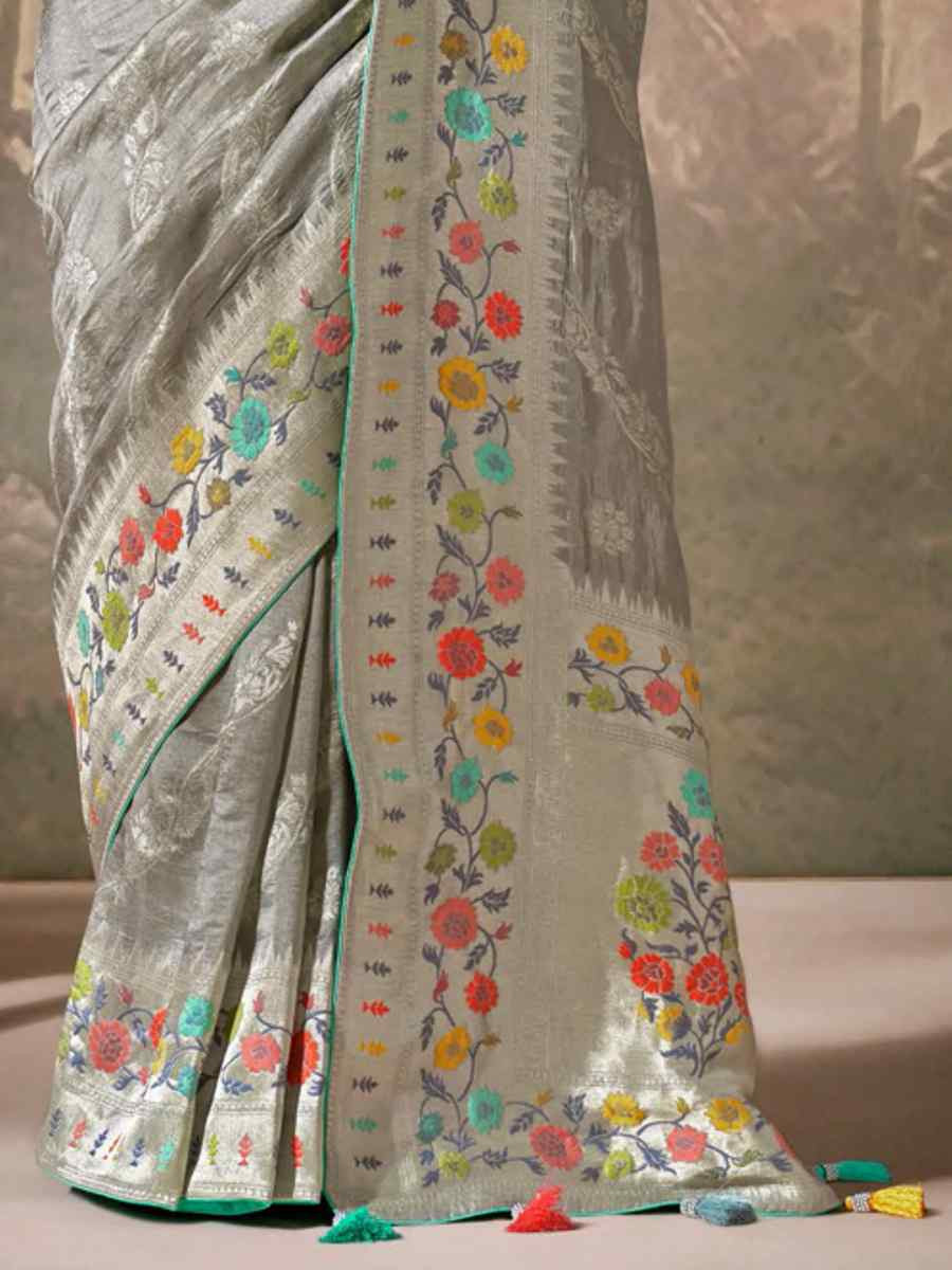 Grey Munga Silk Embroidered Reception Wedding Heavy Border Saree