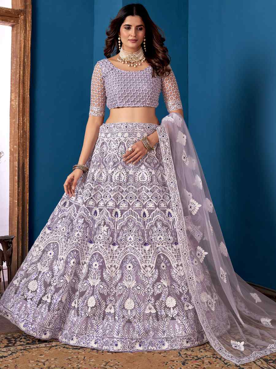 Grey Net Embroidered Festival Wedding Circular Lehenga Choli