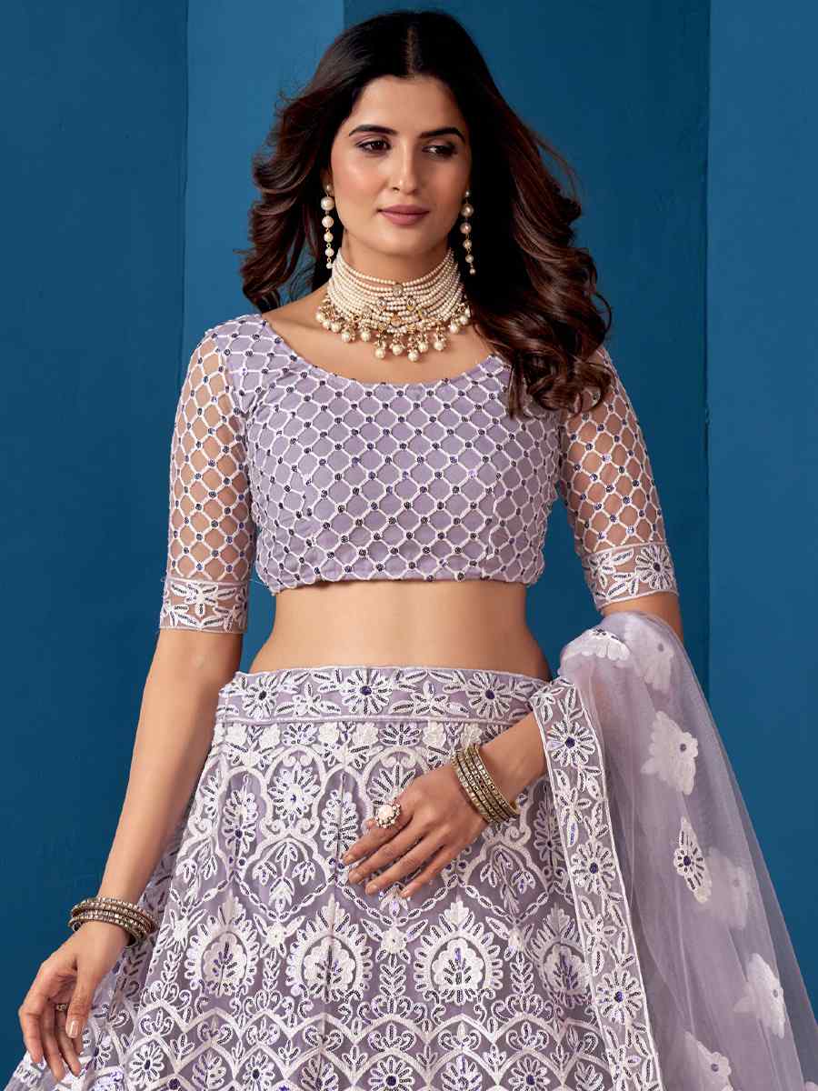 Grey Net Embroidered Festival Wedding Circular Lehenga Choli