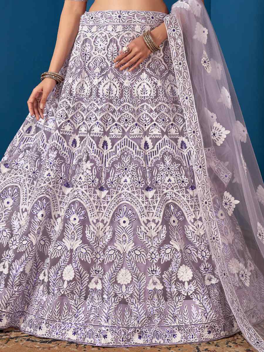 Grey Net Embroidered Festival Wedding Circular Lehenga Choli