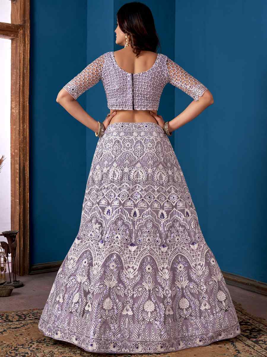 Grey Net Embroidered Festival Wedding Circular Lehenga Choli