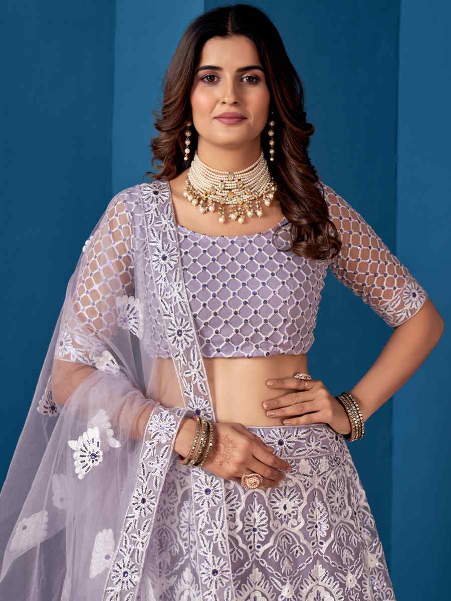 Grey Net Embroidered Festival Wedding Circular Lehenga Choli