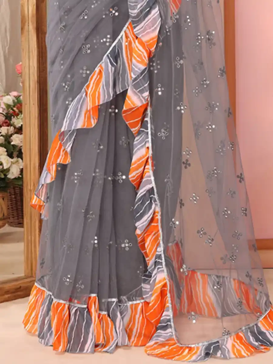 Grey Net Printed Festival Party Contemporary Saree