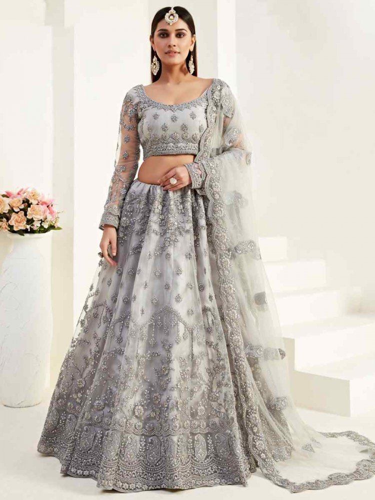 Grey Net Silk Embroidered Bridesmaid Wedding Heavy Border Lehenga Choli