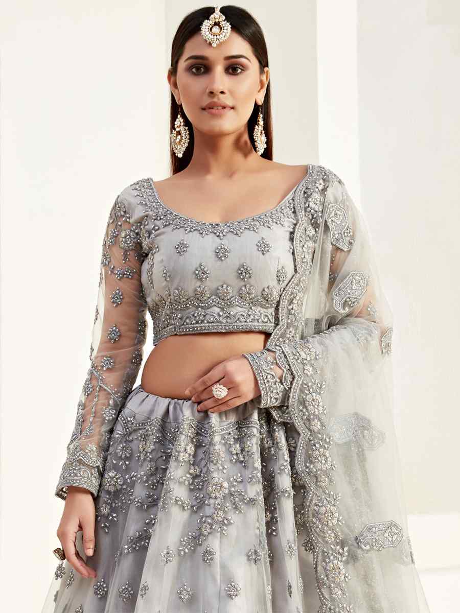 Grey Net Silk Embroidered Bridesmaid Wedding Heavy Border Lehenga Choli