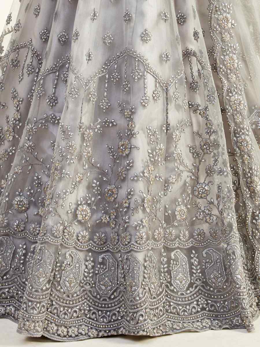 Grey Net Silk Embroidered Bridesmaid Wedding Heavy Border Lehenga Choli