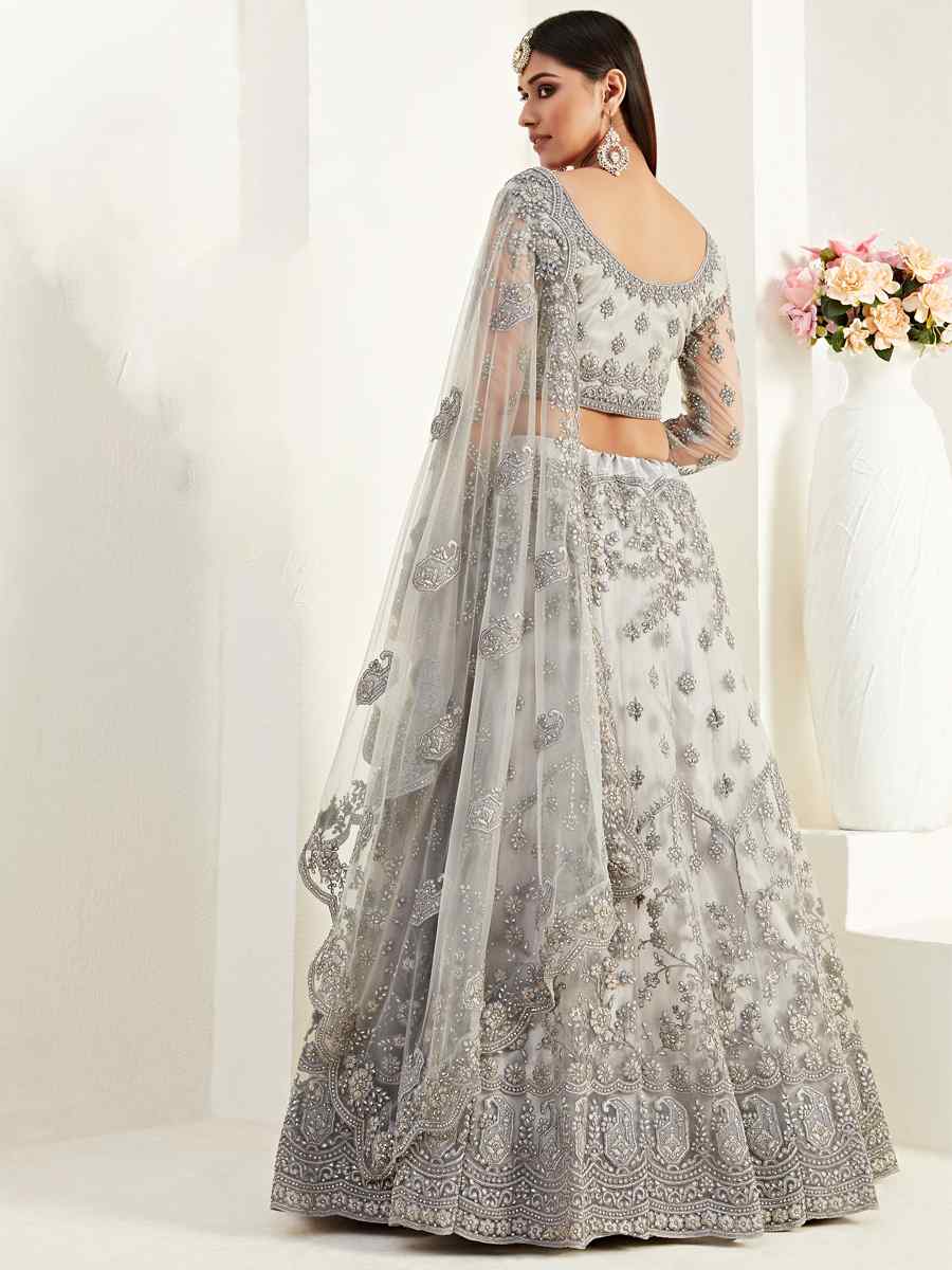 Grey Net Silk Embroidered Bridesmaid Wedding Heavy Border Lehenga Choli