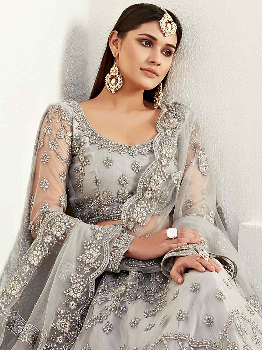 Grey Net Silk Embroidered Bridesmaid Wedding Heavy Border Lehenga Choli