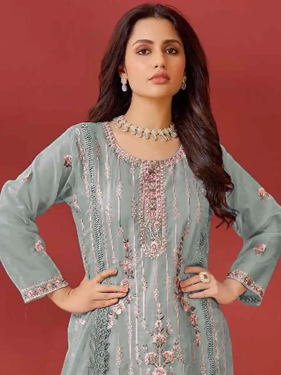 Grey Organza Embroidered Festival Casual Pant Salwar Kameez