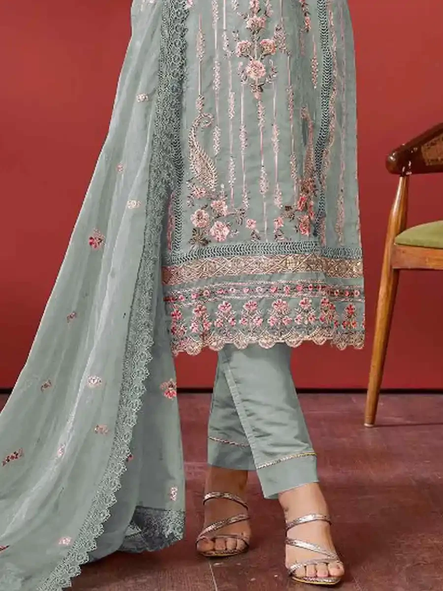 Grey Organza Embroidered Festival Casual Pant Salwar Kameez