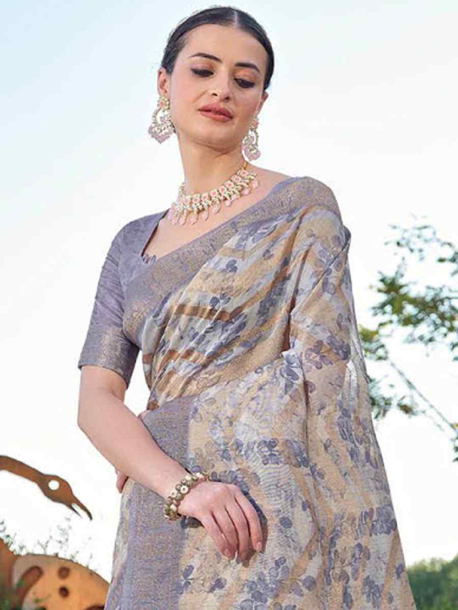 Grey Organza Handwoven Festival Wedding Heavy Border Saree