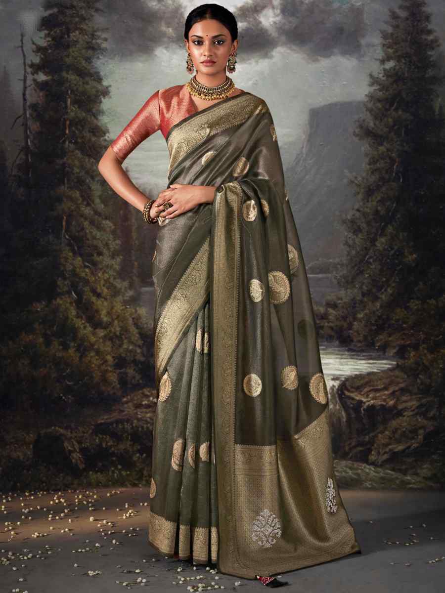 Grey Organza Handwoven Festival Wedding Heavy Border Saree