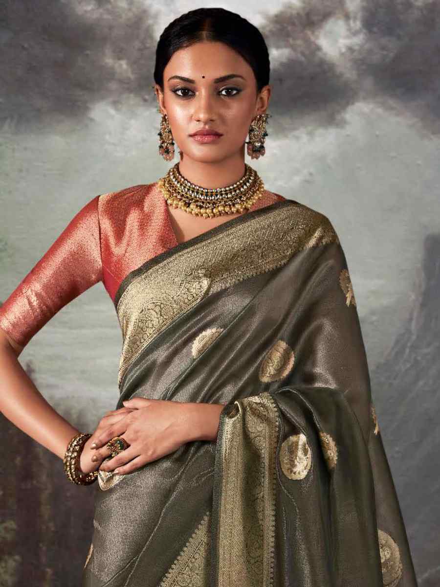 Grey Organza Handwoven Festival Wedding Heavy Border Saree