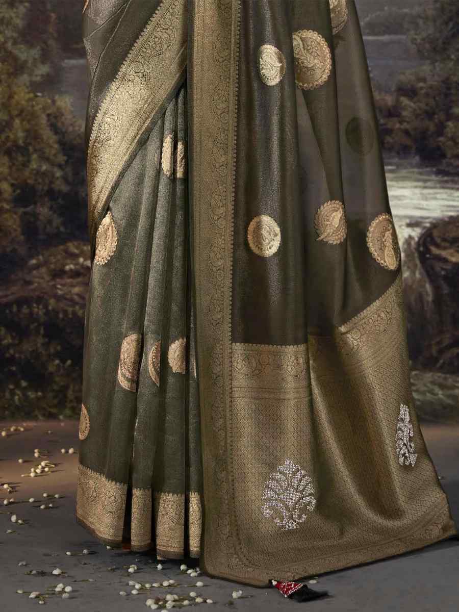 Grey Organza Handwoven Festival Wedding Heavy Border Saree