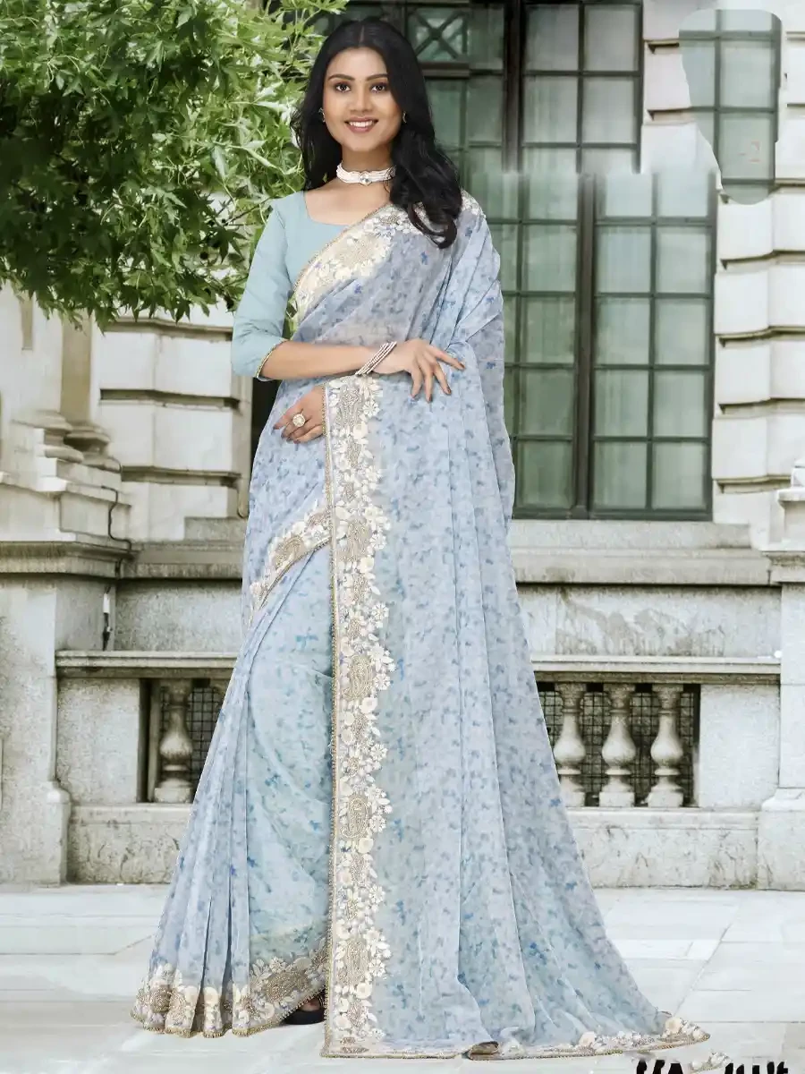 Grey Organza Printed Festival Casual Classic Style Saree