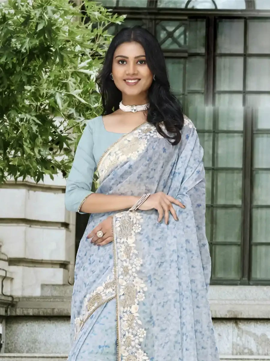 Grey Organza Printed Festival Casual Classic Style Saree