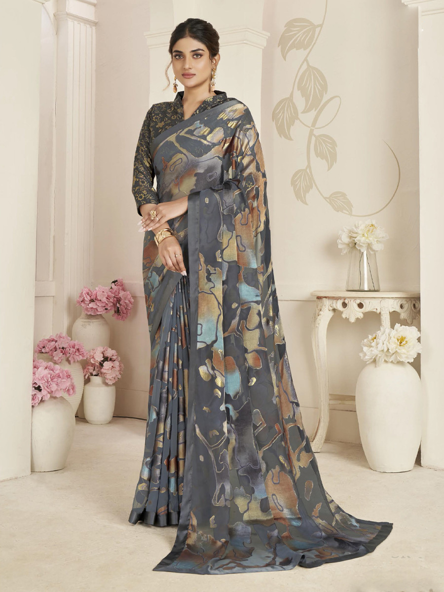 Grey Organza Printed Festival Casual Contemporary Saree