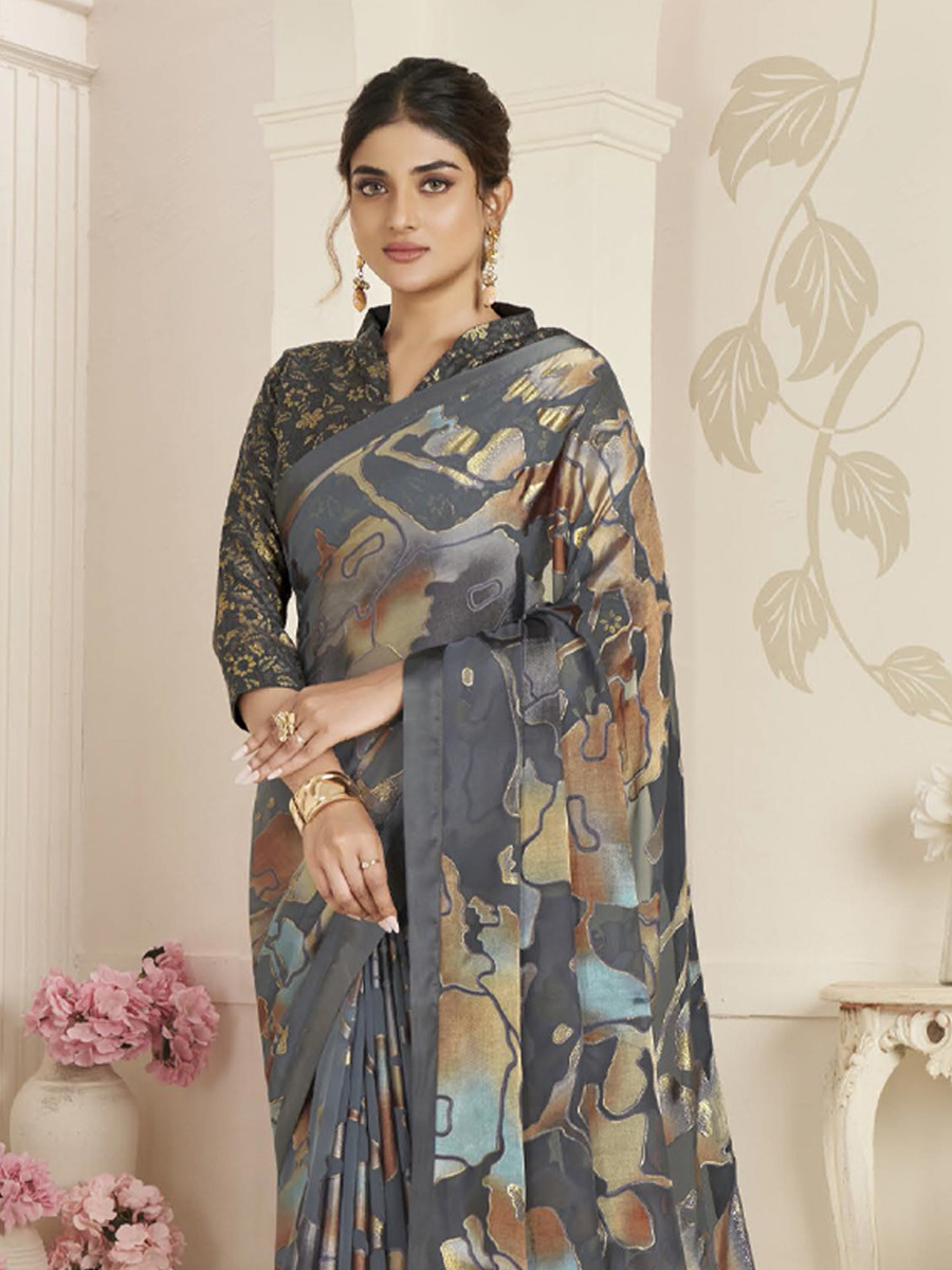 Grey Organza Printed Festival Casual Contemporary Saree