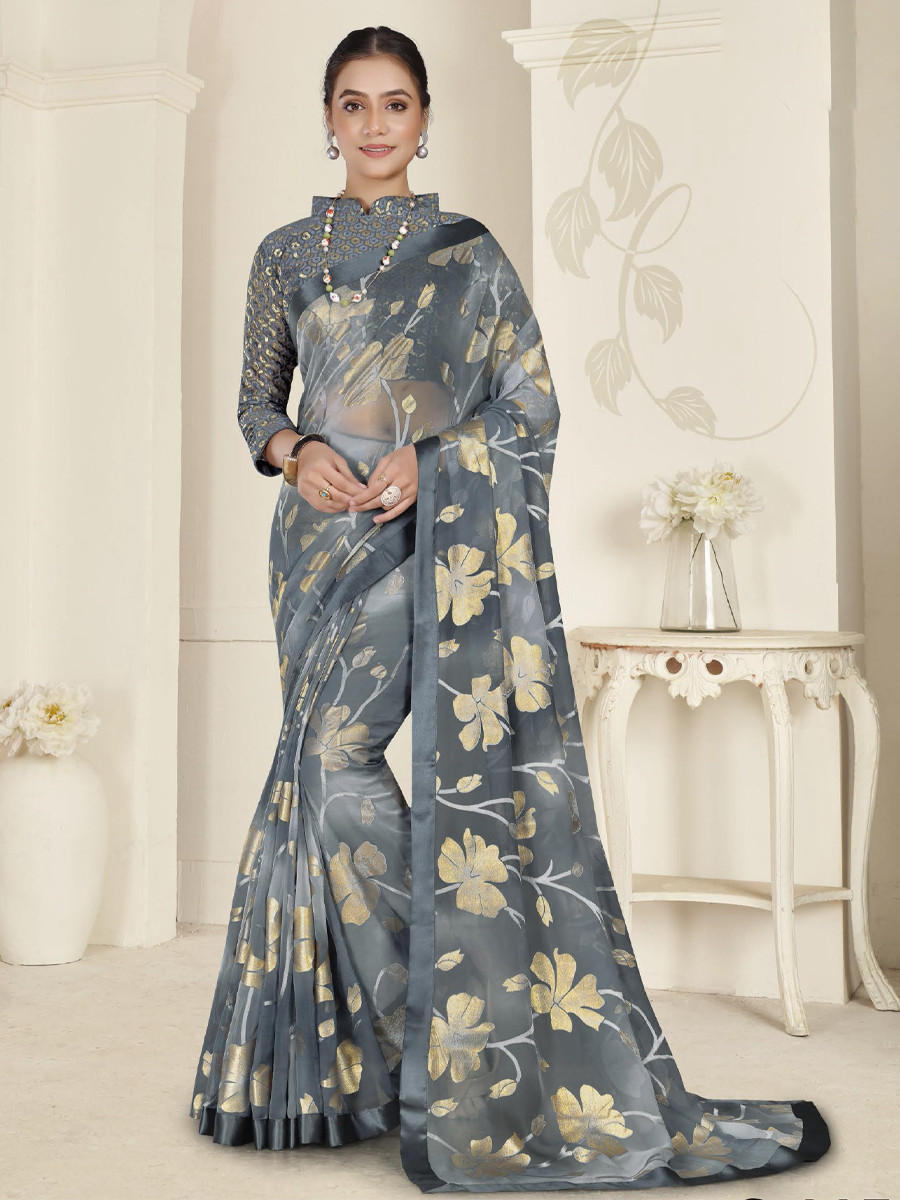 Grey Organza Printed Festival Casual Contemporary Saree