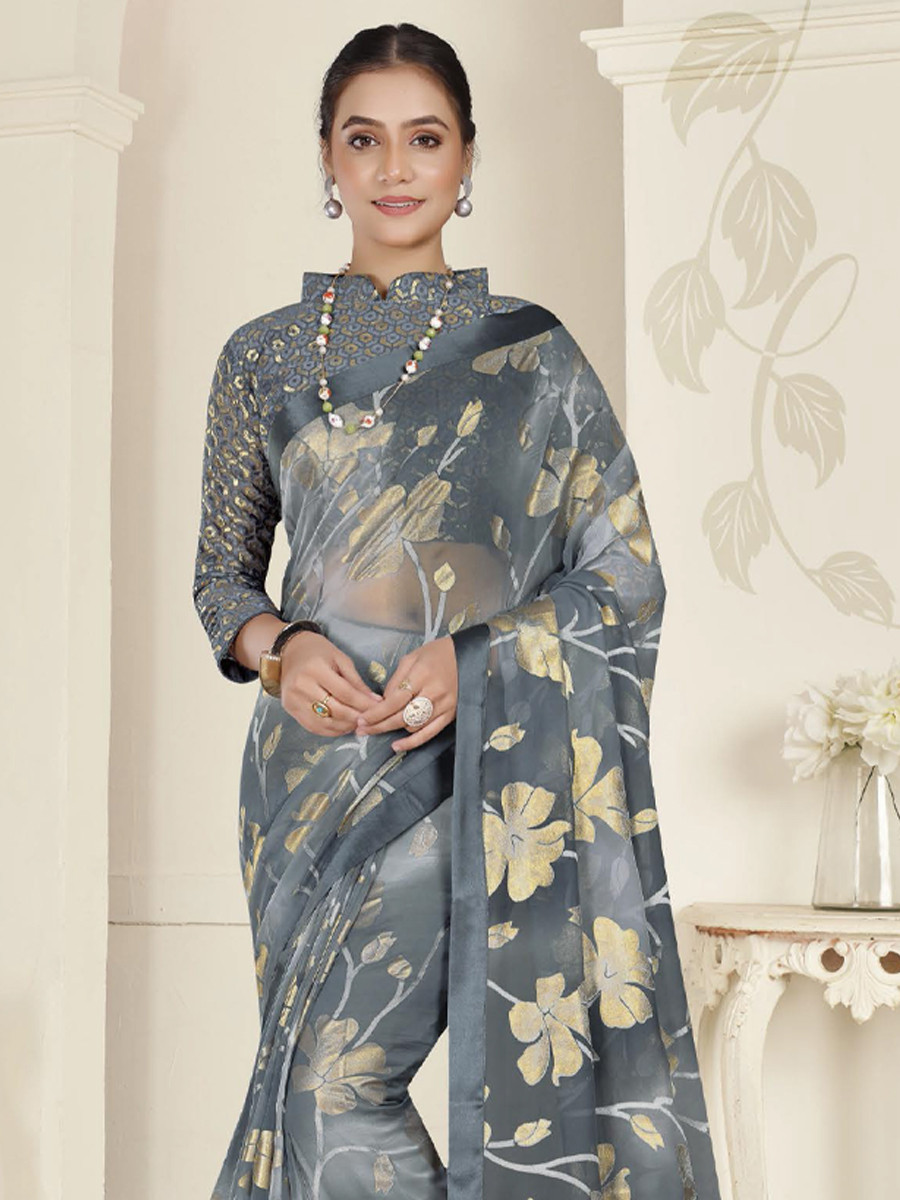 Grey Organza Printed Festival Casual Contemporary Saree