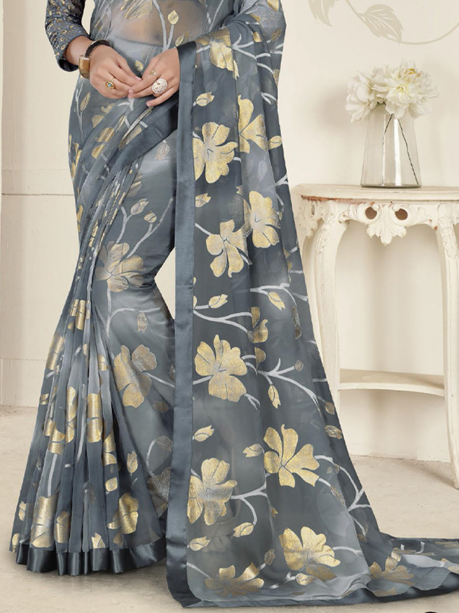 Grey Organza Printed Festival Casual Contemporary Saree