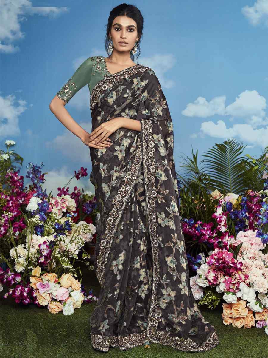 Grey Organza Silk Embroidered Festival Wedding Heavy Border Saree