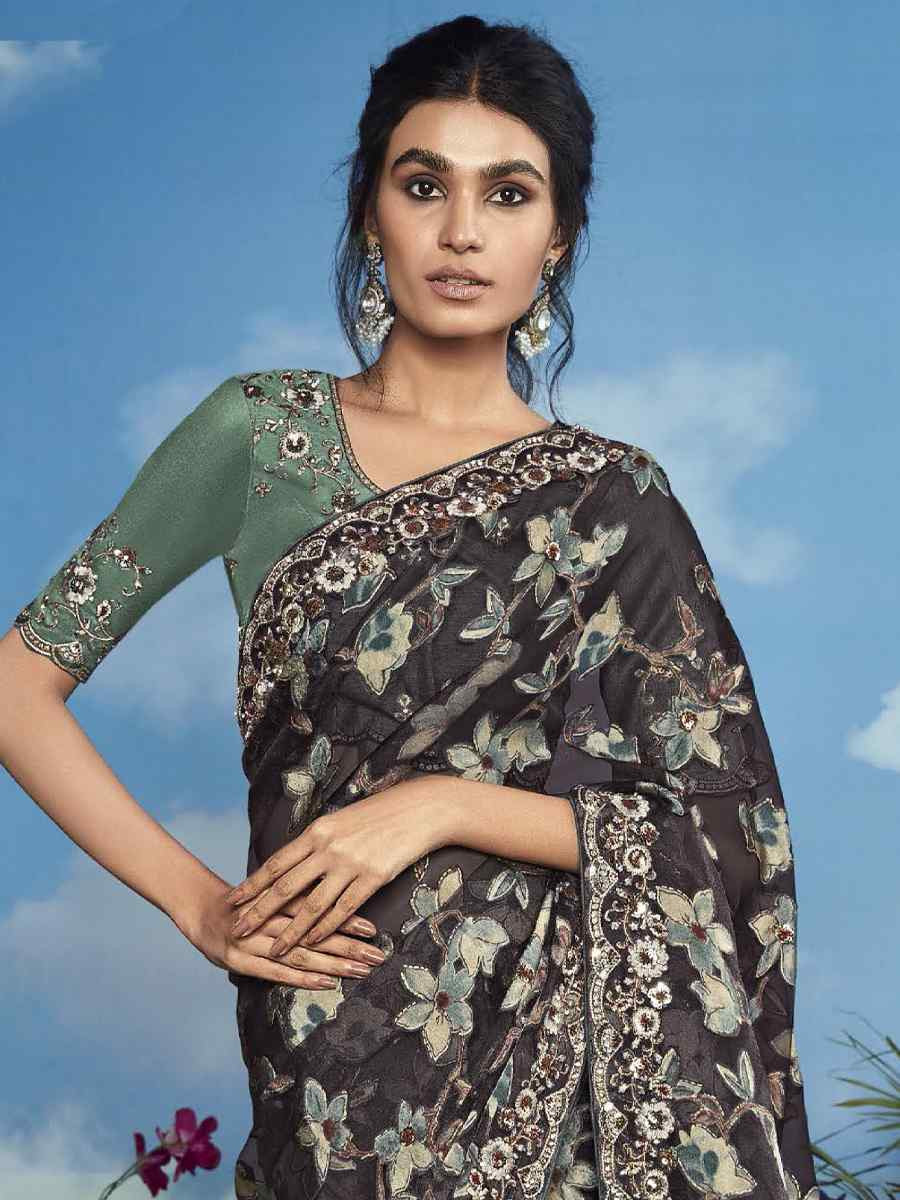 Grey Organza Silk Embroidered Festival Wedding Heavy Border Saree