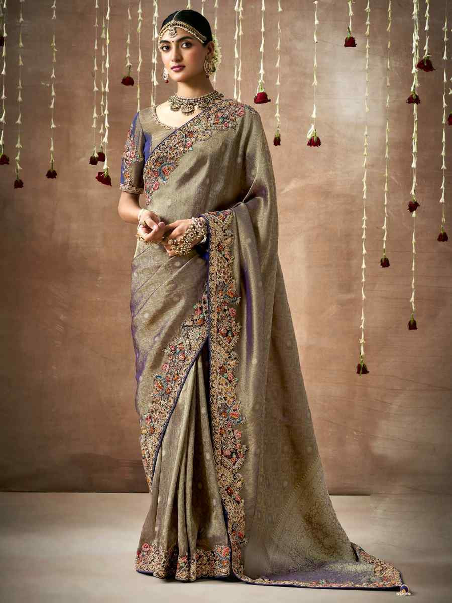 Grey Organza Silk Embroidered Reception Wedding Heavy Border Saree