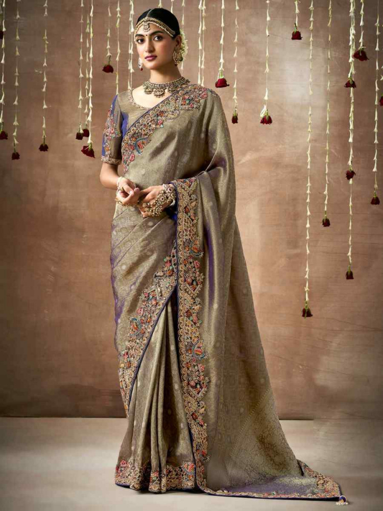 Grey Organza Silk Embroidered Reception Wedding Heavy Border Saree