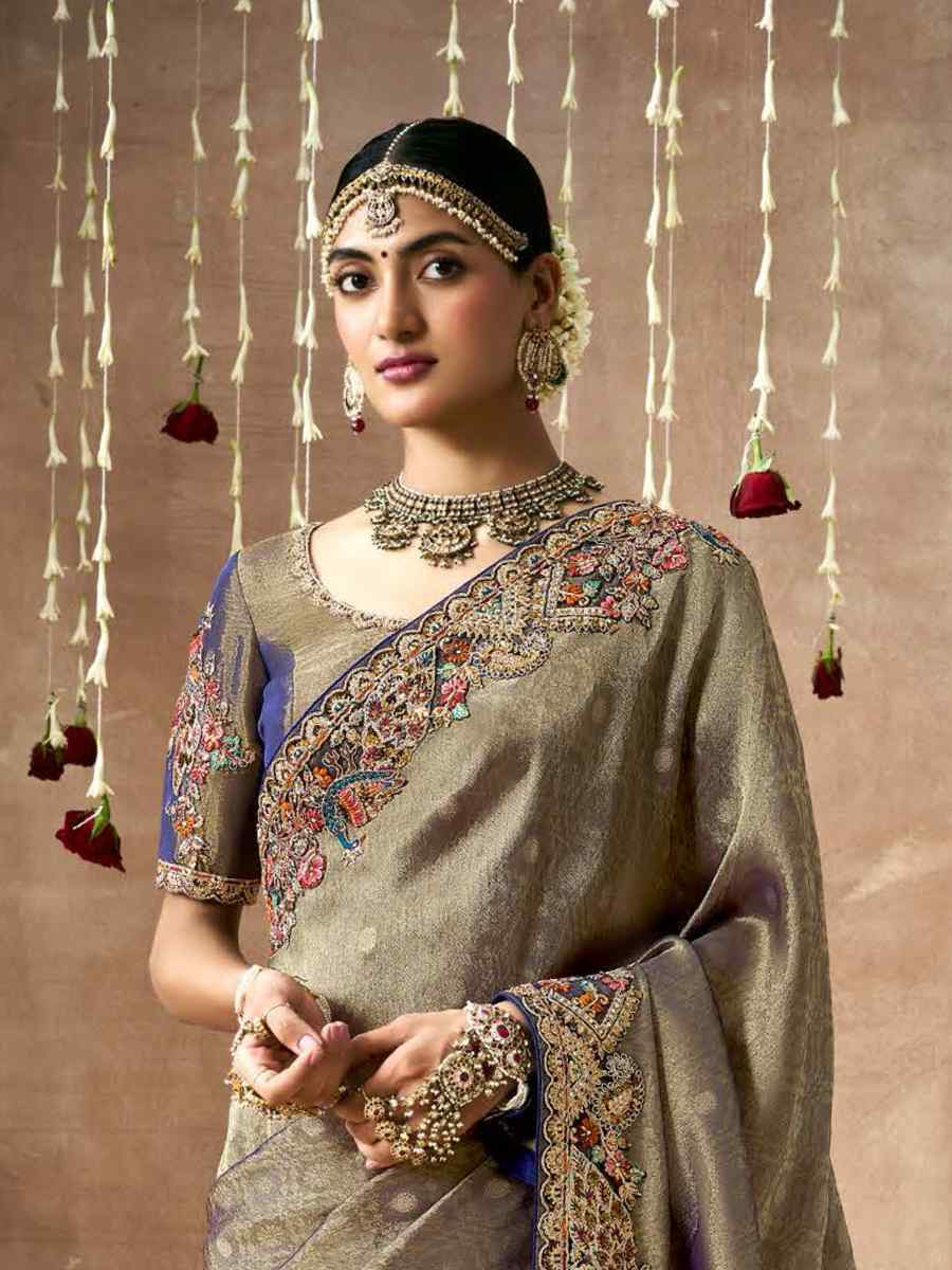 Grey Organza Silk Embroidered Reception Wedding Heavy Border Saree