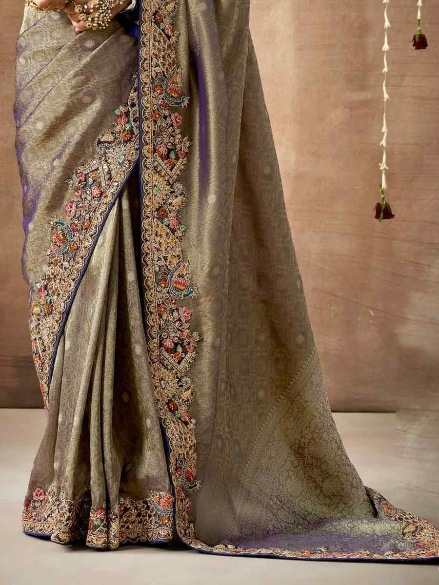 Grey Organza Silk Embroidered Reception Wedding Heavy Border Saree