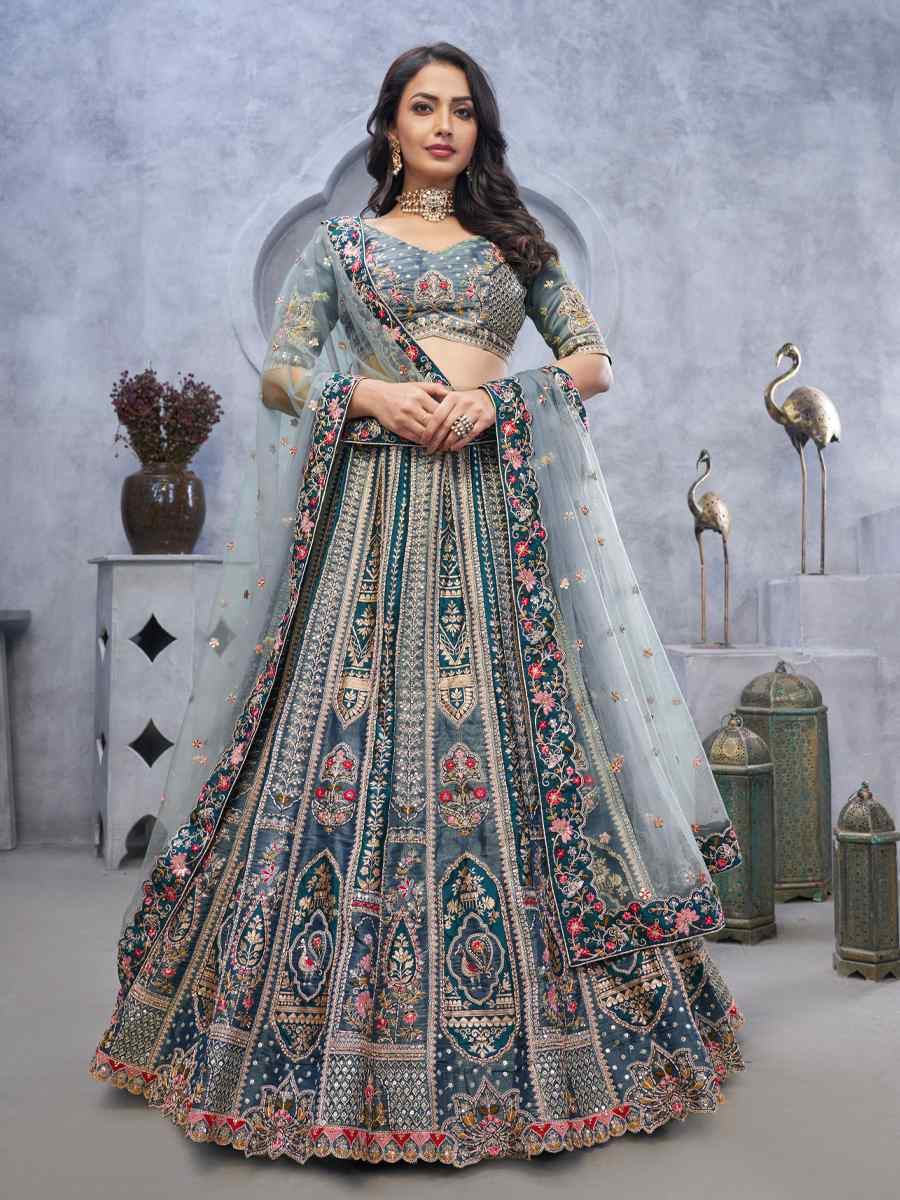 Grey Organza Silk Embroidered Wedding Festival Heavy Border Lehenga Choli