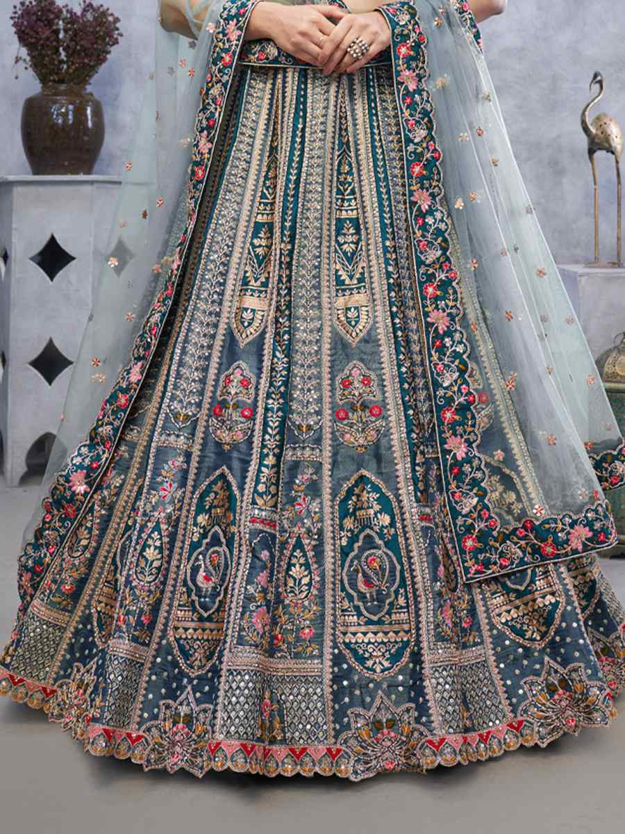 Grey Organza Silk Embroidered Wedding Festival Heavy Border Lehenga Choli