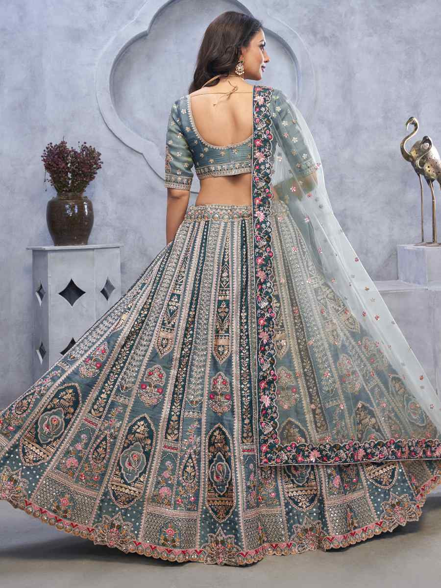 Grey Organza Silk Embroidered Wedding Festival Heavy Border Lehenga Choli