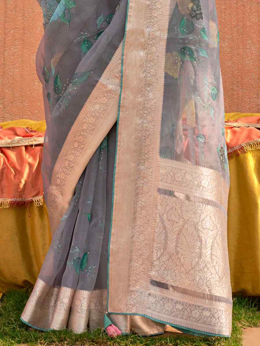 Grey Organza Silk Handwoven Festival Casual Heavy Border Saree