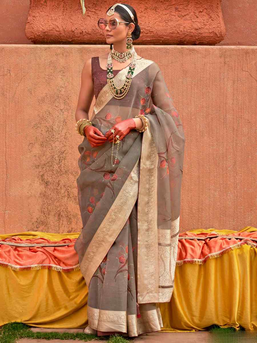 Grey Organza Silk Handwoven Festival Casual Heavy Border Saree