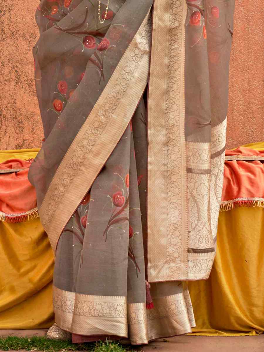 Grey Organza Silk Handwoven Festival Casual Heavy Border Saree