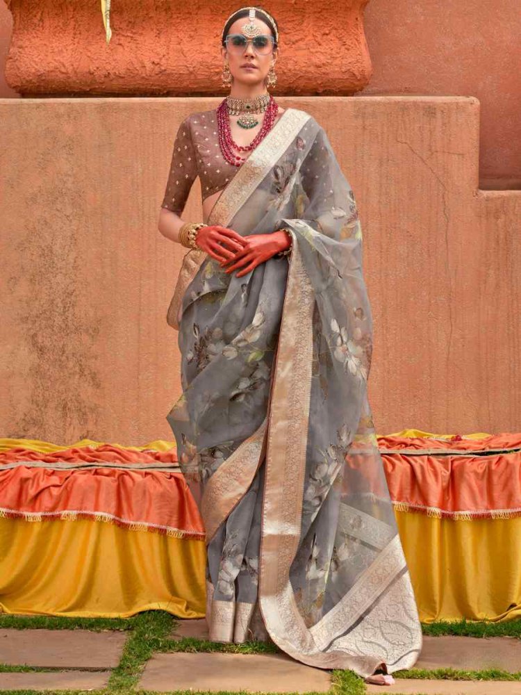 Grey Organza Silk Handwoven Festival Casual Heavy Border Saree