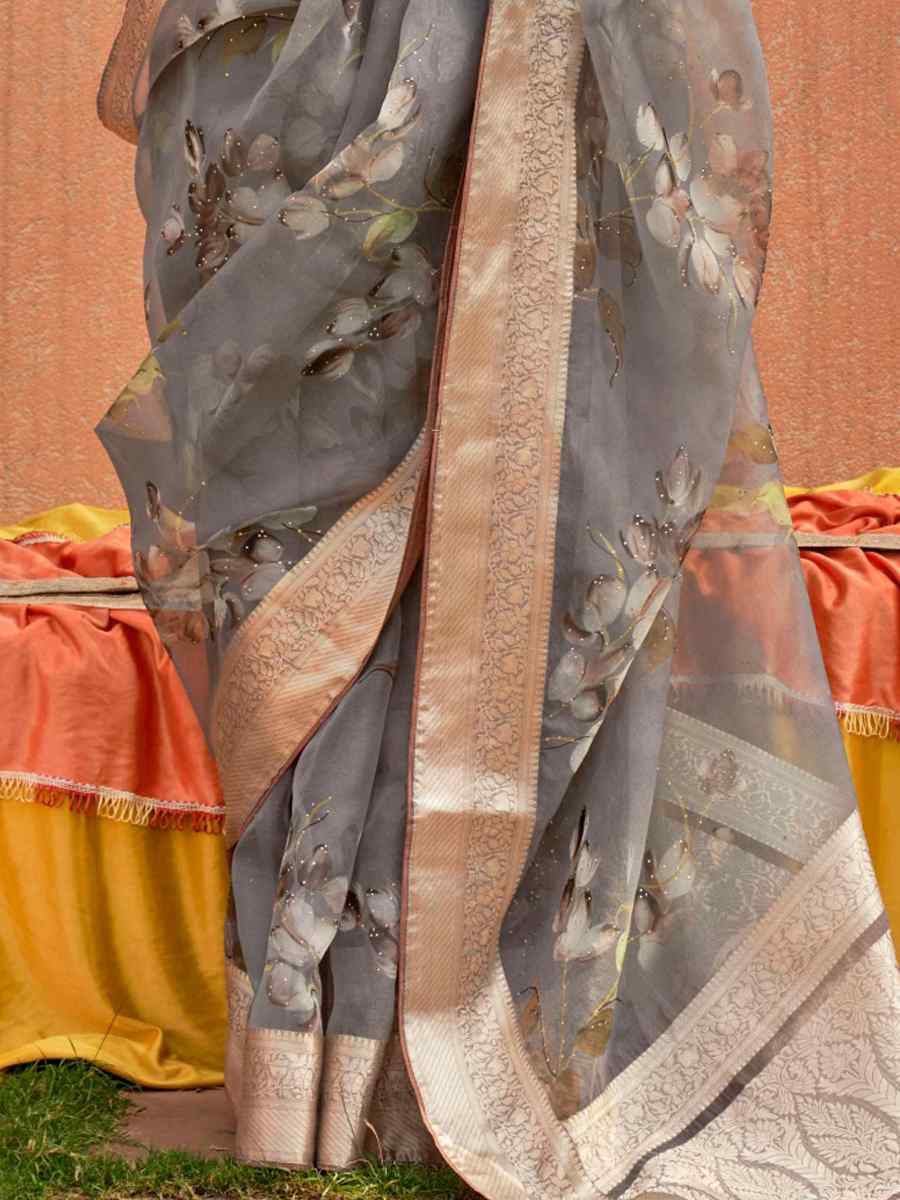 Grey Organza Silk Handwoven Festival Casual Heavy Border Saree