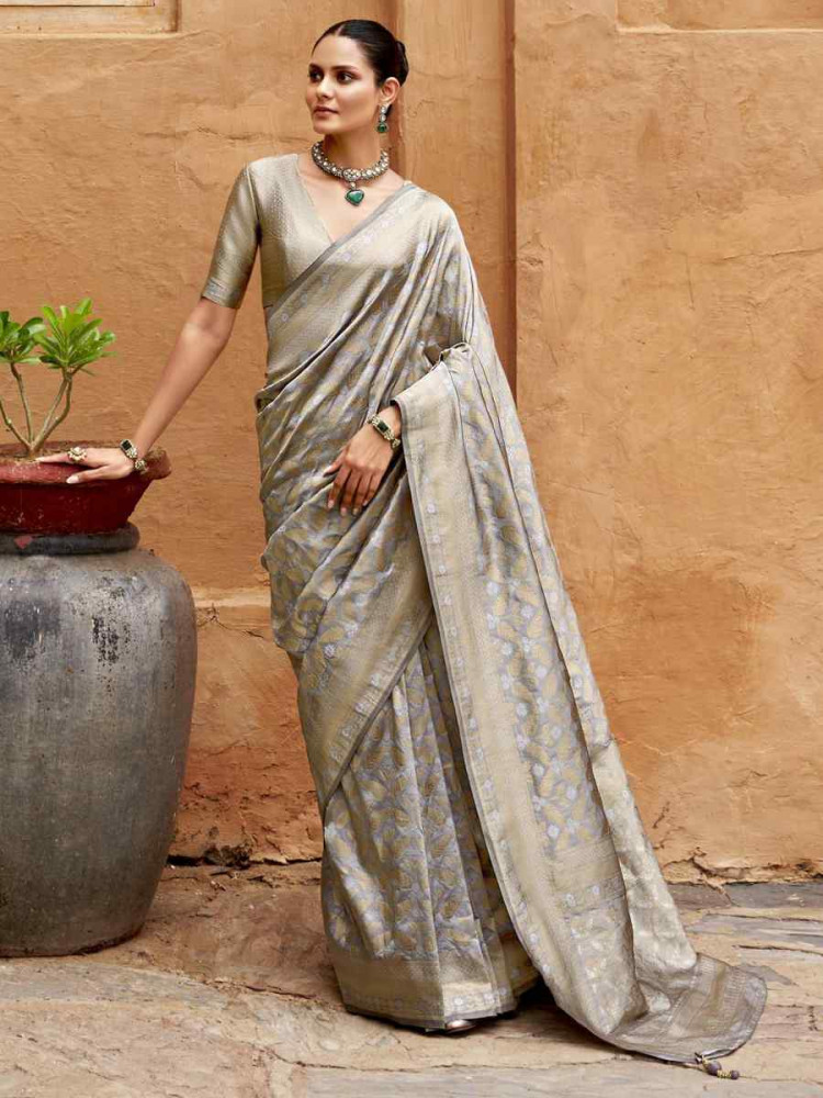 Grey Poly Viscose Silk Banarasi Silk Handwoven Festival Casual Heavy Border Saree