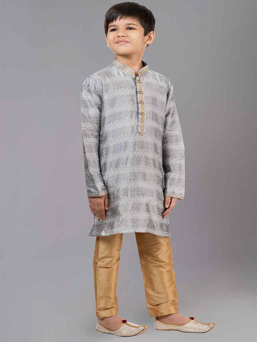 Grey Polyester Cotton  Embroidered Festival Traditional Kurta Pyjama Boys Wear